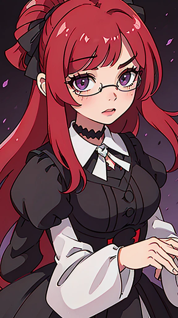 a girl with shoulder-length red hair, purple eyes, with black glasses and a gothic style dress with lace on the sleeves, with white bows on the dress, the girl has a big ribbon in her hair.
1.The girl has red hair 2.Her hairstyle is long, with straight bangs at eyebrow level 3.She is wearing a black gothic style dress., with white details on the sleeves, white bows along the dress from the neck to the waist 4.She's standing inside an elegant mansion, in front of a grand piano.
5.The girl is related to the poison.