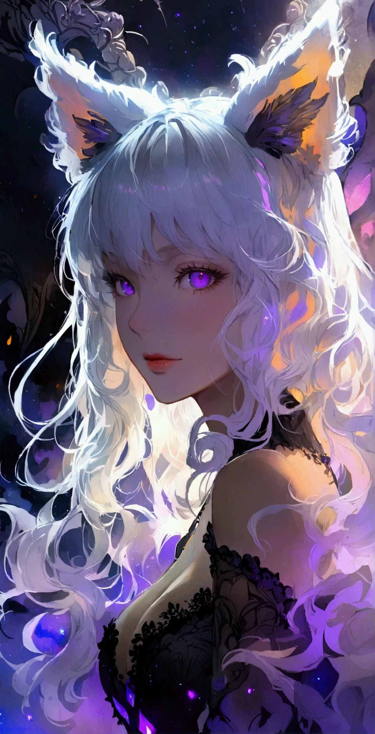 Knee-length wavy hair,White hair is charming, Detailed and precise manual work, Attractive girl, White cat ears,, Purple eyes and white eyelashes,Black Wings,Dark night sky，Dress, Smoke surrounds the body