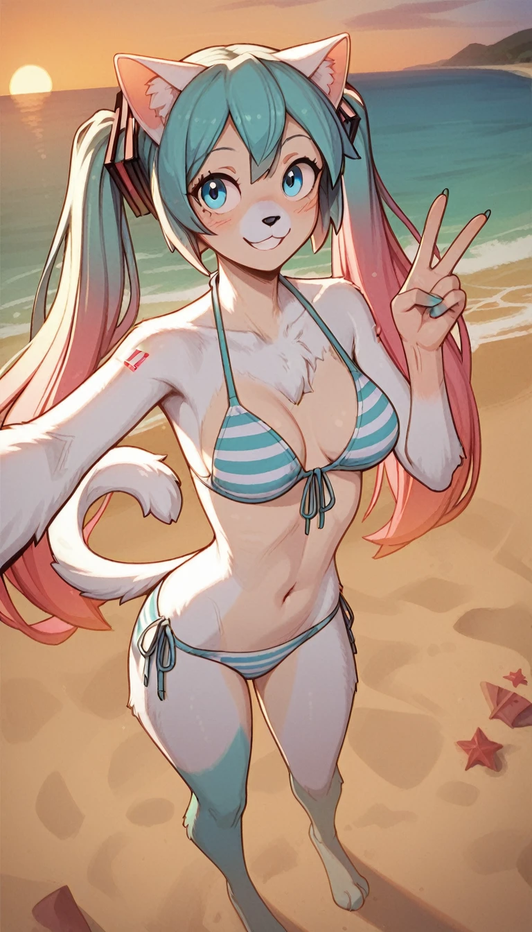 smile, 1girl, anthro, furry, fur, fluffy fur, Hatsune Miku, white fur, white body, cat girl, {(blue bikini), (striped bikini bra), (striped bikini panties), blue eyes, (19 years), medium breast, thicc thighs, solo, (beach), (sunset), standing, high angle camera, selfie, peace sign on one hand, detailed, score_9, score_8_up, score_7_up, score_6_up, score_5_up, score_4_up