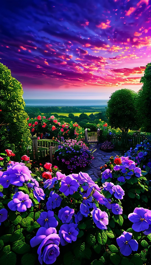 summer sky,photorealistic,highly realistic,extreme details,breathtakingly realistic,high contrast realism,high saturation realism,vibrant colors,dramatic lighting,captivating landscape,compelling storytelling,atmospheric scene,mesmerizing visuals,intricate details,strong emotions,celestial beauty,Dreamlike world Roses, violets, seven-colored garden