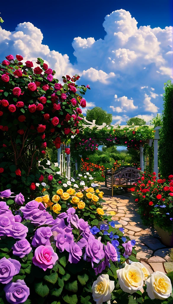 summer sky,photorealistic,highly realistic,extreme details,breathtakingly realistic,high contrast realism,high saturation realism,vibrant colors,dramatic lighting,captivating landscape,compelling storytelling,atmospheric scene,mesmerizing visuals,intricate details,strong emotions,celestial beauty,Dreamlike world Roses, violets, seven-colored garden