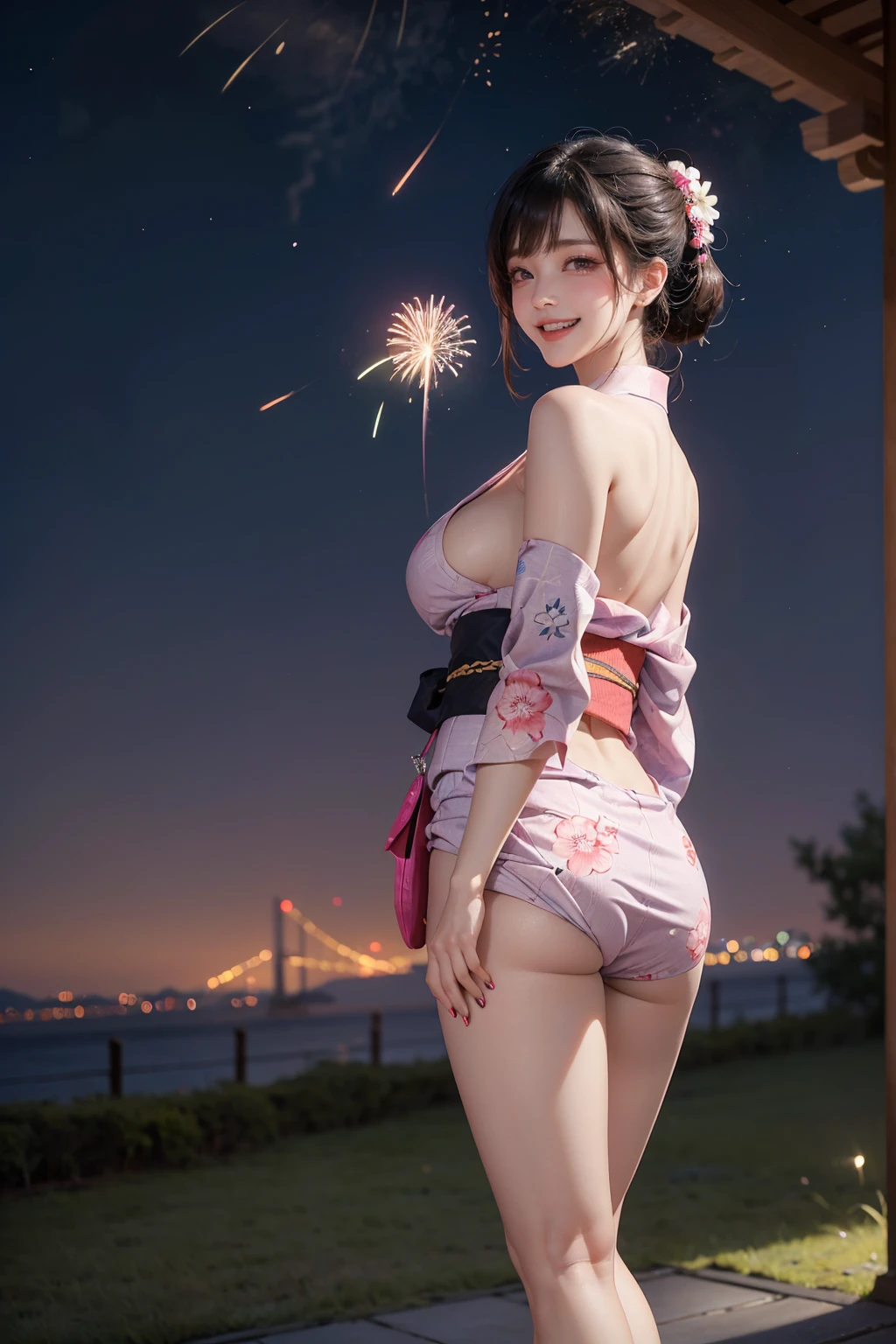 in 8K、超A high resolution、Best Quality、masutepiece (gargantuan butt、Toned body:1.4)(Long dark blue kimono with fireworks pattern:1.3)(Summer Festival Street:1.3) (Short black-haired chignon:1.2)Big eyes smiling happily、Distinct double eyelids、Lashes、Highlights in the eyes、Light brown eyes、Pinclip Gloss、piercings、Red garland clogs、(On the way to take off your panties:1.2)