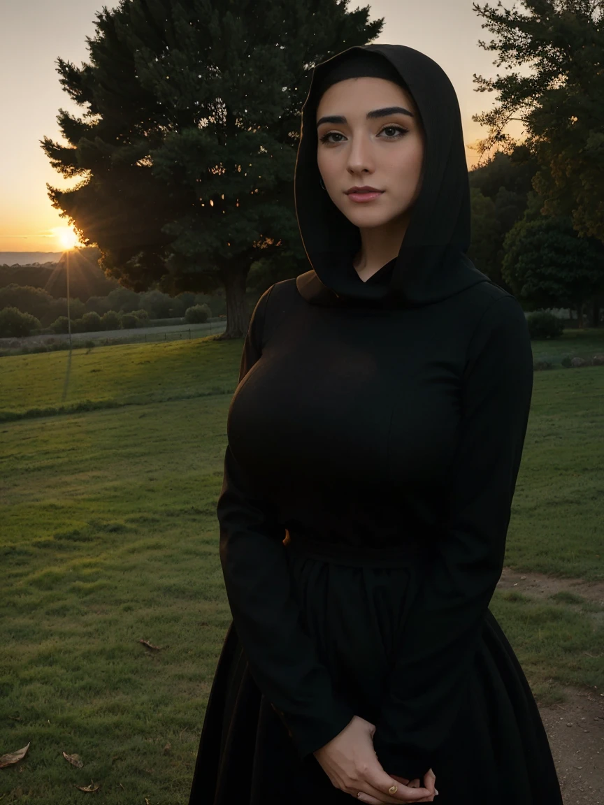 Gorgeous and sultry busty athletic (thin) brunette nun with sharp facial features wearing a modest habit, fitted hood, (wimple), shawl, coarse wool dress, black medieval dress, habit, veil, wimple, cinched waist, waist chain, crucifix, long sleeves, long dress, tight bodice, Middle Ages, convent, abbey, monastery, exterior, trees, countryside, evening, sunset.