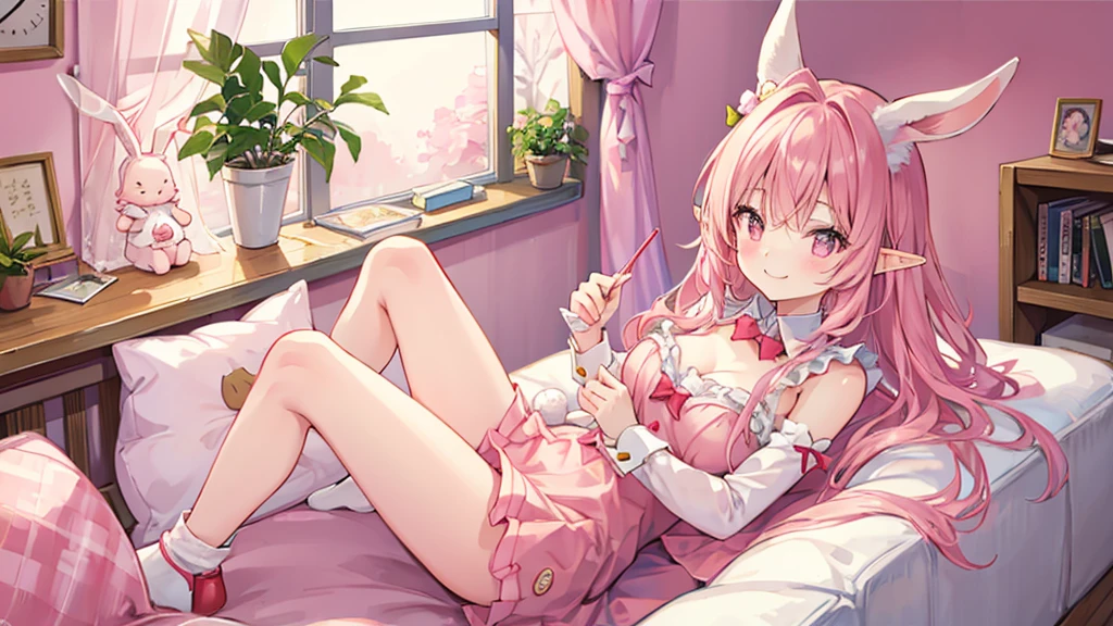 Rabbit Mimi、Chibi Elf Pink Room、Relaxing in a cute room、A big smile