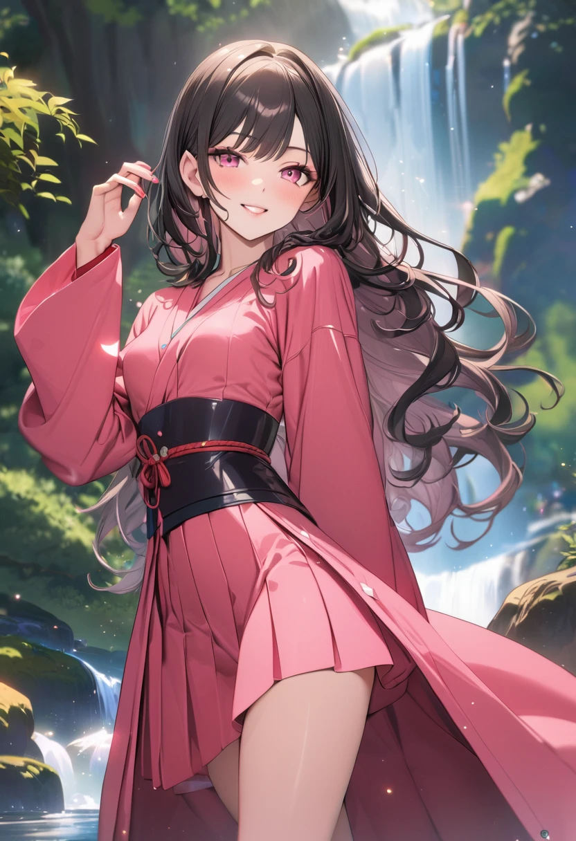 (masterpiece:1.3), (best quality:1.1), (8k, ultra detailed, ultra high res:1.2), ((anime style)), perfect 5 fingers, perfect anatomy,
1girl,
Kamado Nezuko,
BREAK long hair, wavy hair,
black hair,
pink eyes,
ribbon,
small breasts,
BREAK japanese clothes, pink kimono, brown haori, obi,
smile, dynamic pose,
looking at viewer,
cowboy shot,
perfect light, BREAK outdoor, waterfall mist, fantasy,