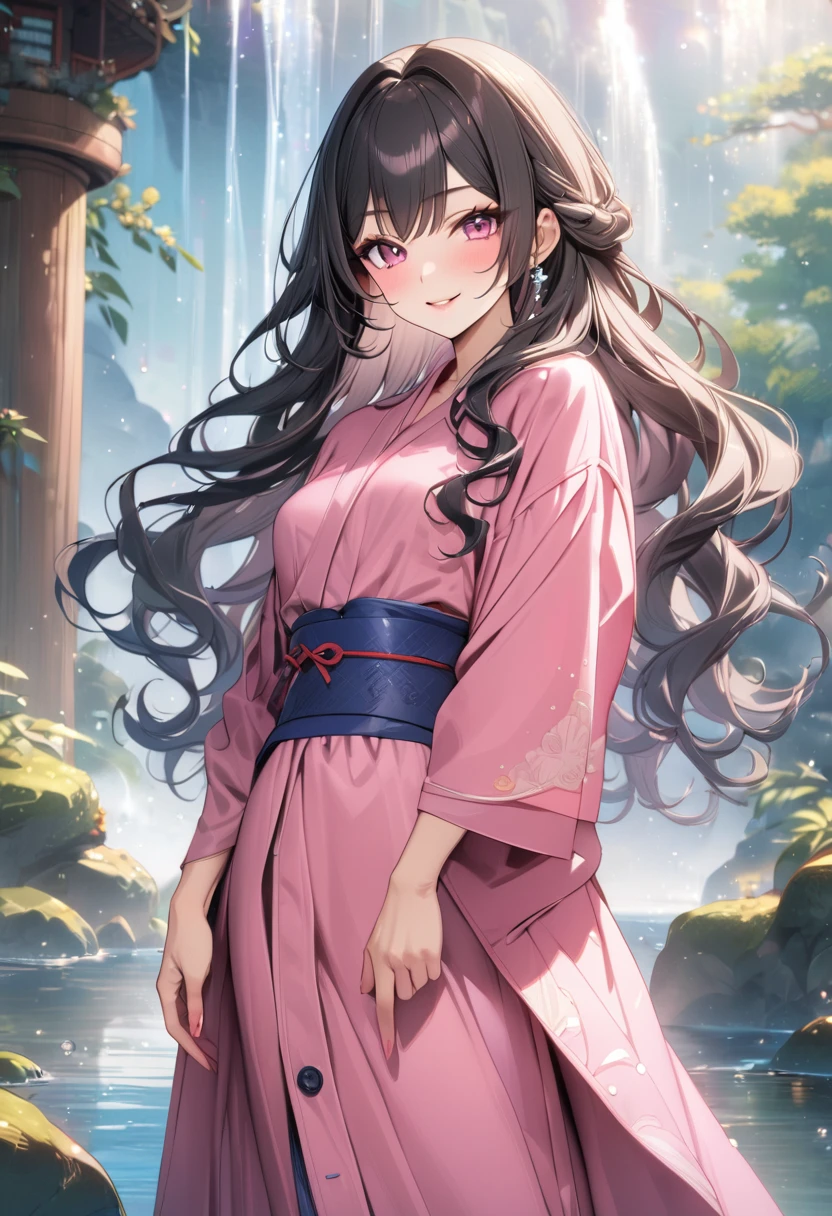 (masterpiece:1.3), (best quality:1.1), (8k, ultra detailed, ultra high res:1.2), ((anime style)), perfect 5 fingers, perfect anatomy,
1girl,
Kamado Nezuko,
BREAK long hair, wavy hair,
black hair,
pink eyes,
ribbon,
small breasts,
BREAK japanese clothes, pink kimono, brown haori, obi,
smile, dynamic pose,
looking at viewer,
cowboy shot,
perfect light, BREAK outdoor, waterfall mist, fantasy,