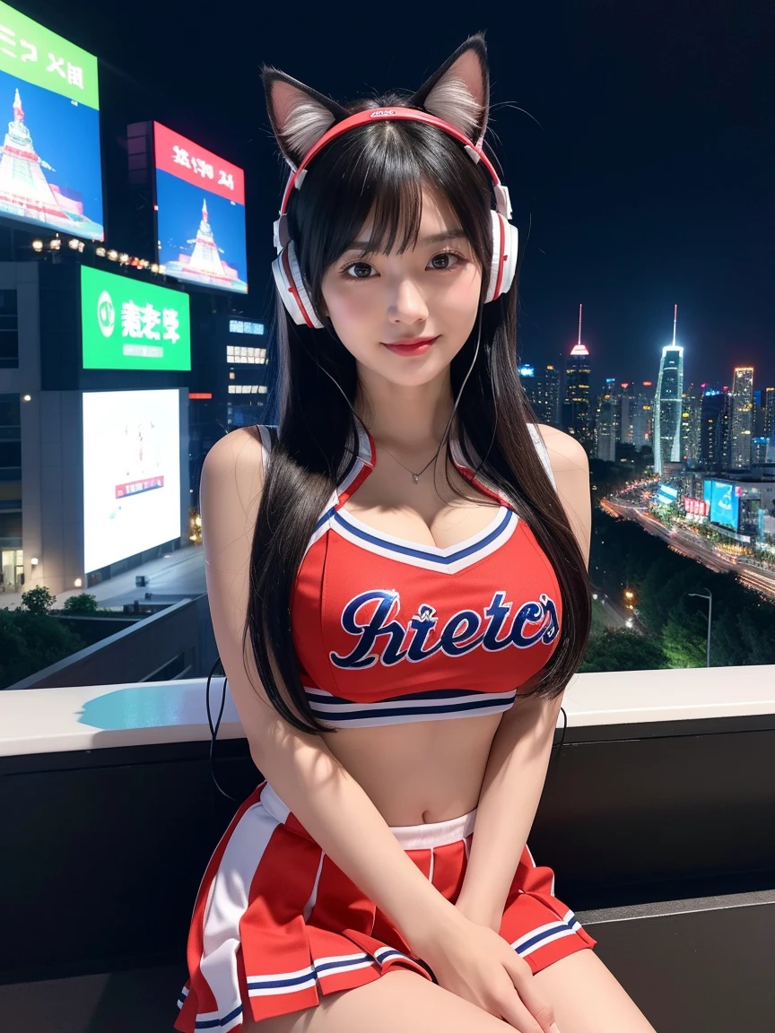 Full body photo、whole、最high quality, masterpiece, 32K、Very detailed、Realistic、1 girl, Japanese women、Cute Face, (photo Actual:1.3), Edge lighting, (Skin with attention to detail:1.2), 8k超High resolution, Single-lens reflex camera, high quality, High resolution, 4K, 8k, Optimal ratio of four fingers to one thumb, (Actual:1.3), smile、自然なsmile、Baseball Cheerleader Costumes(black、Red line design、Japanese professional baseball cheerleaders)、Cat ear headphones(ピンク色のネオンCat ear headphones)、cute 1 girl, Realistic、Super Realistic、32K、Very detailed、masterpiece, 最high quality, beautiful girl, beauty、 Mecha, Beautiful lighting, Sitting,Cyber Neon、Future City、Skyscraper、City Night、Shanghai、Metropolis、Night view、綺麗なNight view