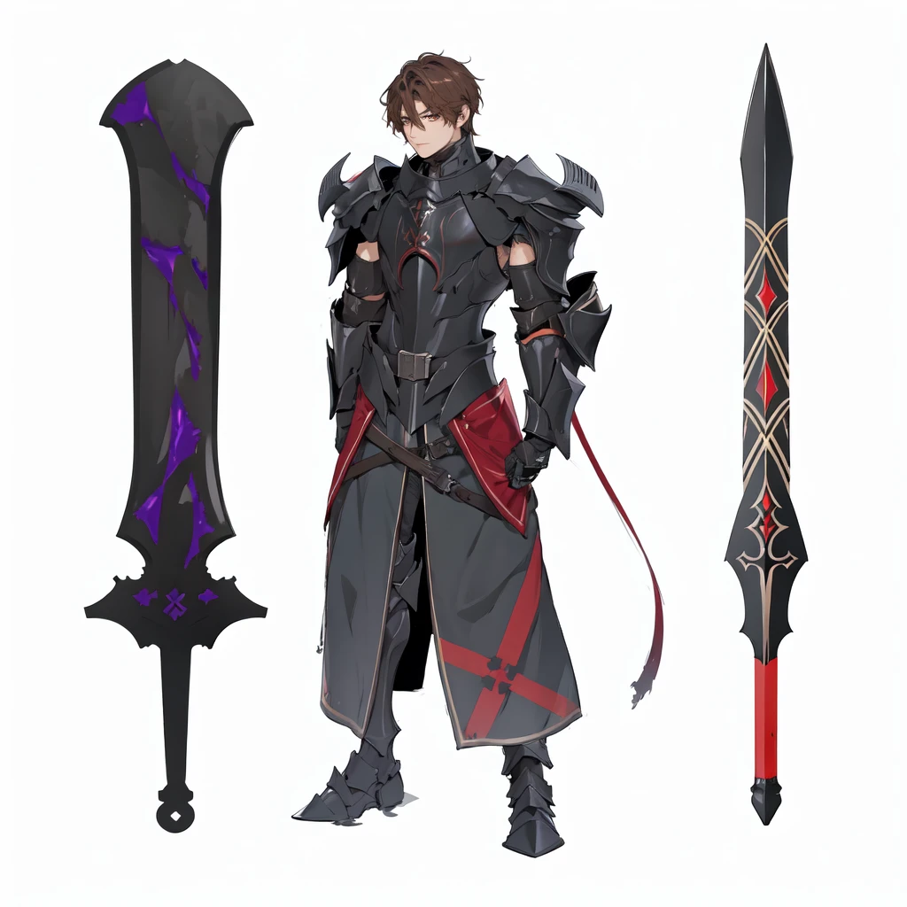 masterpiece,best quality,1 black knight wearing ebony armor open verticaly in the midle of chest area,red x in the armor chest,looking at viewer,\(herrscher of finality\),brown hair,light brown eyes,metal jaw,solo,full body, besides two black iron great swords filled with details, + +,tight black,(((dark armor set))),((fantasy character)), anime character sheet