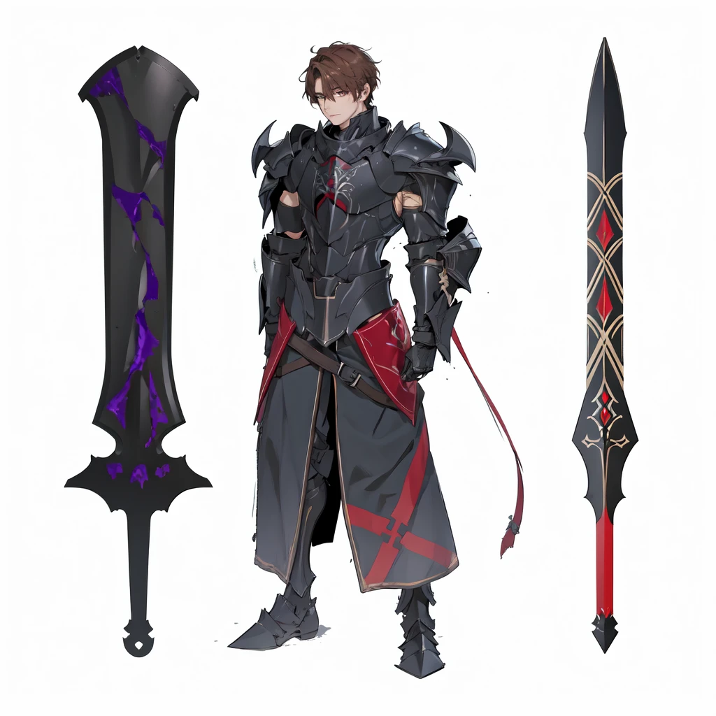 masterpiece,best quality,1 black knight wearing ebony armor open verticaly in the midle of chest area,red x in the armor chest,looking at viewer,\(herrscher of finality\),brown hair,light brown eyes,metal jaw,solo,full body, besides two black iron great swords filled with details, + +,tight black,(((dark armor set))),((fantasy character)), anime character sheet