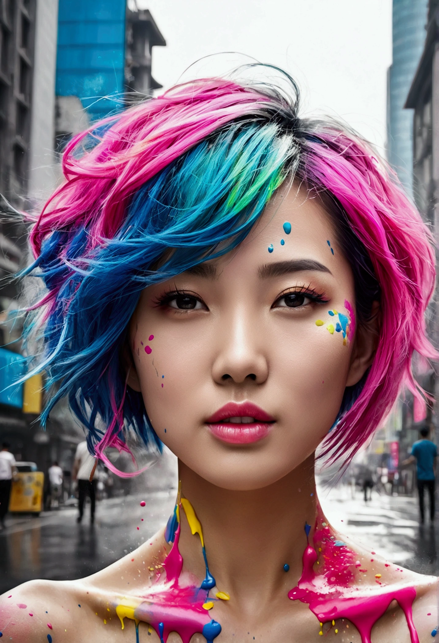 (masterpiece, Highest quality, High resolution), Downtown Shanghai背景, ((Paint splashes, Color Splash, Ink splash, Color Splash)), Kind Chinese girl, Rainbow Hair, Pink Lips, front,Downtown Shanghai、Digital City、Futuristic upper body