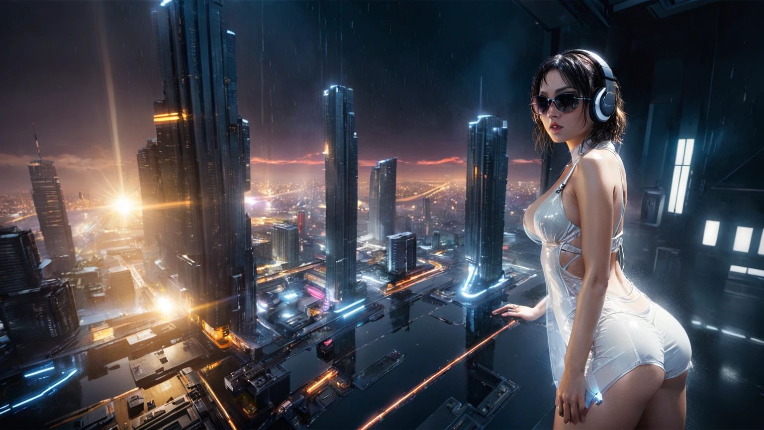 UE 5, computer render, Rendered by Octane, (8K, tmasterpiece), (realistically, Photo degree:1) luminescent concept art, (((((aerial view))))) of Cyberpunk city scene, ((Surreal circuit architecture)), (((((supercars street racing, 1 drone))))). Matrix style, (((((Matrix cascading code))))), (((((a futuristic twin tower skyscraper with a unique twisted design))))), (((((OLED GUI interfaces in the building))))), at night, (((((1girl, solo))))), photo realistic, (((large-breast:1.2 slim body, cleavage))), (((off torn mini sling-shirt and black lace sling bra, extreamly short pleated lace miniskirt exposing panty))), (((((running pose))))), (((((((matrix style black micro sunglasses))))))), ((((((((((aiming with a short gun)))))))))), (((((looking at camera))))), (((very low view))), (((((half-body thigh level medium shot))))), (((cinematic lighting))).