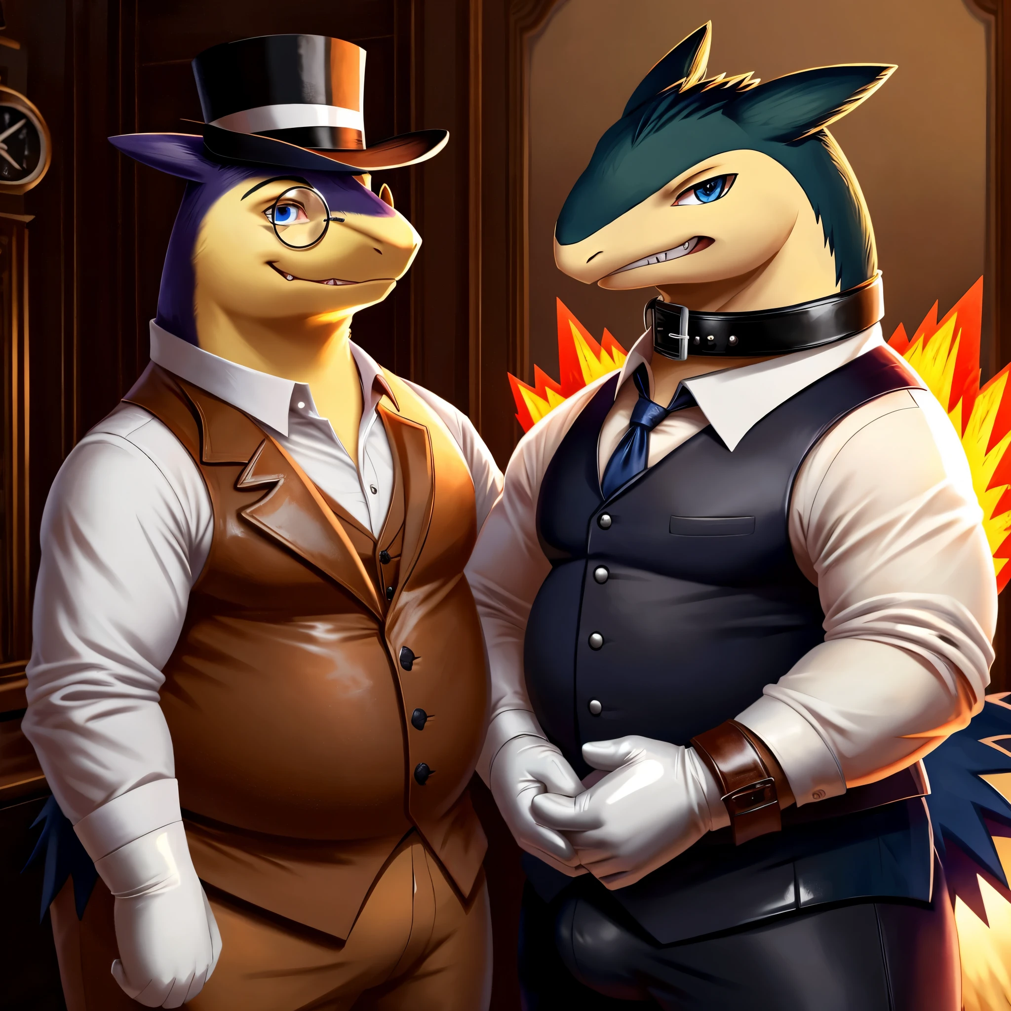 Male, fat, extremely obese, gentleman, dapper Professor Typhlosion, blue eyes, (posing:1.3), (soft shading), 4k, hi res, ((detailed face, detailed)), looking at viewer, mouth wide open, steampunk, dapper clothing, collared shirt with buttons, top hat, male focus, Explorer Outfit, glasses, monocle, vest with buttons, sleeves rolled up, round eyewear, brown headwear, brown vest, office, Typhlosion is wearing a glossy leather dog collar around the neck, Typhlosion is wearing the leather collar and shirt and vest at the same time, Typhlosion is wearing glossy white rubber gloves on the hands, wearing white rubber gloves on the feet, gloves are rubber in texture, clenching teeth, clenching fists, leather collar is glossy and shiny with a lot of detail, Typhlosion is wearing gloves and leather collar at the same time, leather collar has a round dog-tag, leather collar is thick and detailed, leather collar is glossy and shiny, fancy clothing, dapper vest, dapper shirt, leather collar is thick, glossy leather collar, a second male Typhlosion in the same attire helping the fat Typhlosion get dressed.