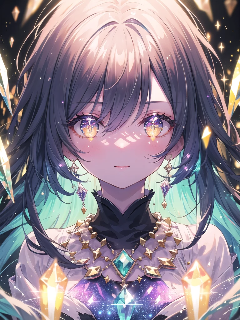 ((8k, best quality, master piece: 1.3)),super high resolution,(1 girl, solo), (colorshift eyes, hyperdetailed, expressive sparkling, glitter, glowing eyes), ultra detailed eyes, ultra-detailed face, random hair, ((pastel color)),  Bohemian style, Cotton, linen,Orange, brown, Bead necklace, fringe, Magical cave, Blue, purple, gold, Dark, magical glow, A dazzling scene with crystal light reflections creating a prismatic effect. The light passes through and refracts in various directions, casting colorful spots and highlights throughout the image. The main subject is bathed in soft, ethereal light that enhances their features and adds a mystical touch.
