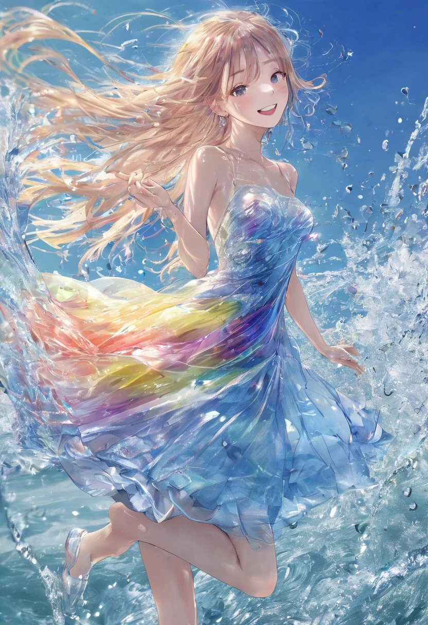 Anatomically correct, Winner of numerous awards, High resolution, masterpiece, High detail, pretty girl、waterのドレス、透明なwaterのドレス、Transparency、Sparkling Dress、smile、Uplifting、Vibrant、Run、Wind、water、colorful、Bright Picture