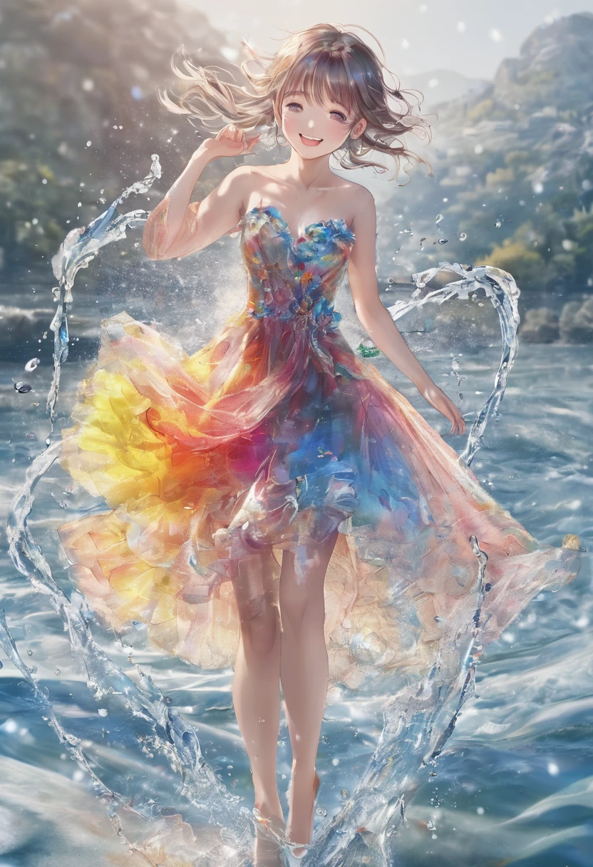 Anatomically correct, Winner of numerous awards, High resolution, masterpiece, High detail, pretty girl、waterのドレス、透明なwaterのドレス、Transparency、Sparkling Dress、smile、Uplifting、Vibrant、Run、Wind、water、colorful、Bright Picture