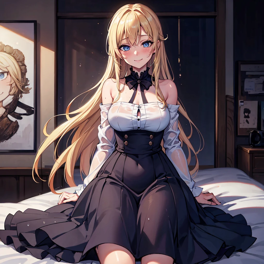 1girl, solo, looking_at_viewer, high_resolution, blue_eyes, smile, blonde_hair, very_long_hair, straight_hair, hair_over_shoulder, wet_hair, blush, laughter, makeup, slight_smile, mischievous_face, POV, anime_style, white_shirt_with_anime_print, sitting_painting_canvas, one_cat_on_lap, one_cat_on_bed, background_inside_room.