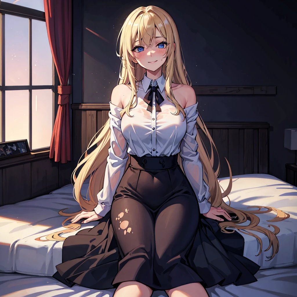 1girl, solo, looking_at_viewer, high_resolution, blue_eyes, smile, blonde_hair, very_long_hair, straight_hair, hair_over_shoulder, wet_hair, blush, laughter, makeup, slight_smile, mischievous_face, POV, anime_style, white_shirt_with_anime_print, sitting_painting_canvas, one_cat_on_lap, one_cat_on_bed, background_inside_room.