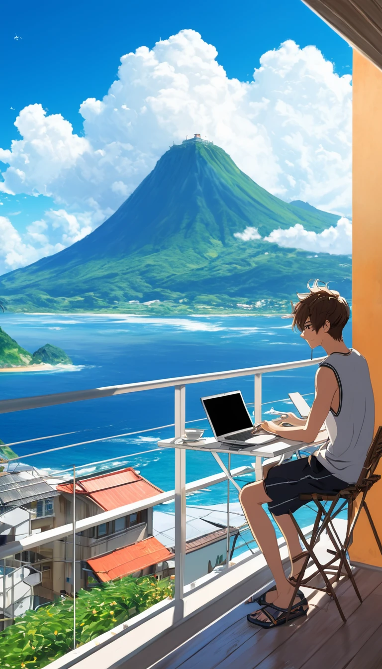 A very handsome anime boy working on their laptop at their balcony the view of their balcony is like very beautiful mountain and beach , resort, ship , and taking morning tea , morning sun light, , seeing a vast blue sky with fluffy clouds and brush strokes ,, anime art wallpaper 4k, anime art wallpaper 4k, animated background, anime art wallpaper 8K, animated background art, Anime Landscape Wallpaper, amazing wallpaper, HD wallpaper, 4k anime wallpaper, 4k anime wallpaper, Aries Moross art,art by Bob Byerley , AshleyWoodArtAI, greg rutkowski, very colourful, 
