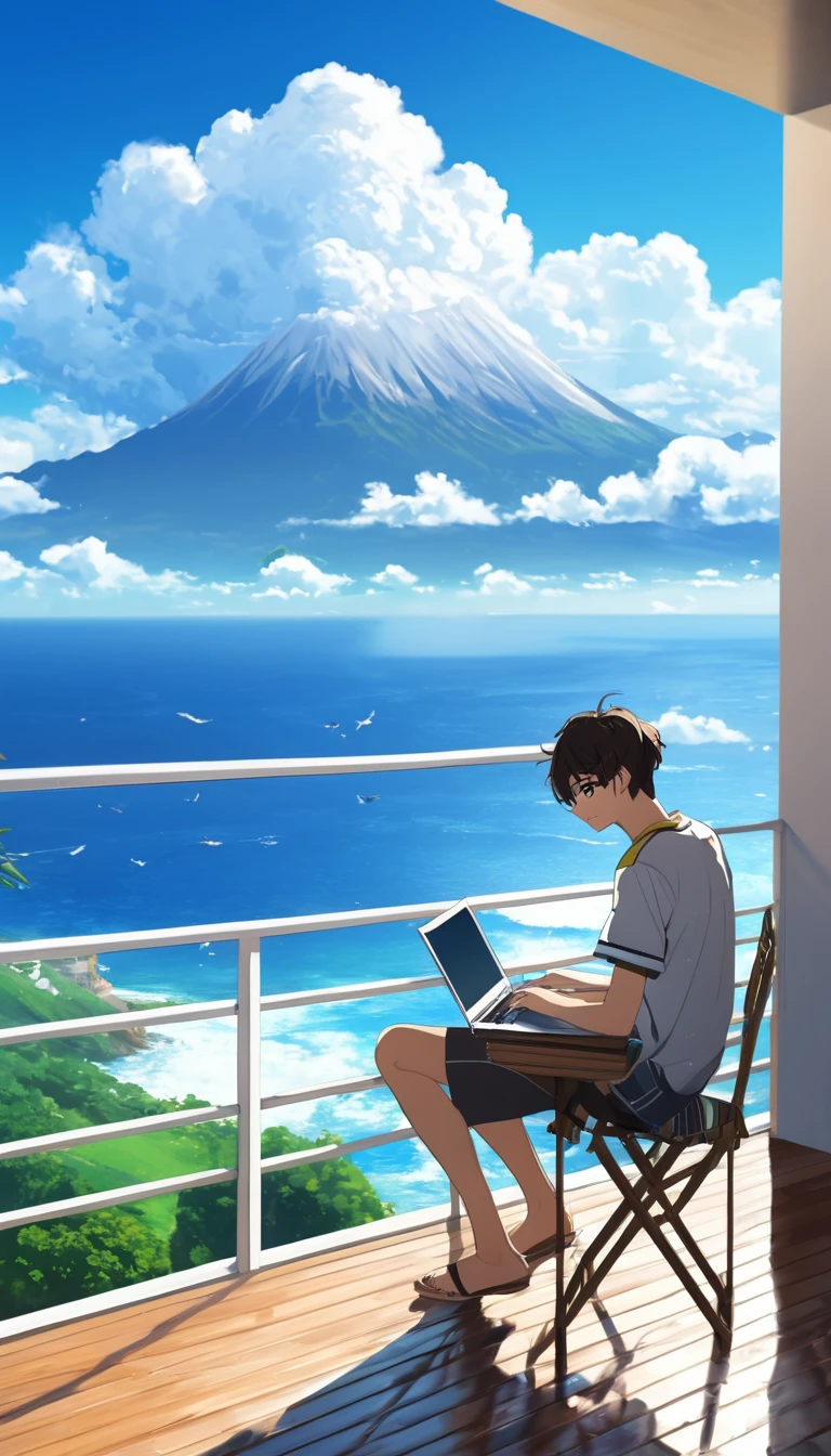 A very handsome anime boy working on their laptop at their balcony the view of their balcony is like very beautiful mountain and beach , resort, ship , and taking morning tea , morning sun light, , seeing a vast blue sky with fluffy clouds and brush strokes ,, anime art wallpaper 4k, anime art wallpaper 4k, animated background, anime art wallpaper 8K, animated background art, Anime Landscape Wallpaper, amazing wallpaper, HD wallpaper, 4k anime wallpaper, 4k anime wallpaper, Aries Moross art,art by Bob Byerley , AshleyWoodArtAI, greg rutkowski, very colourful,