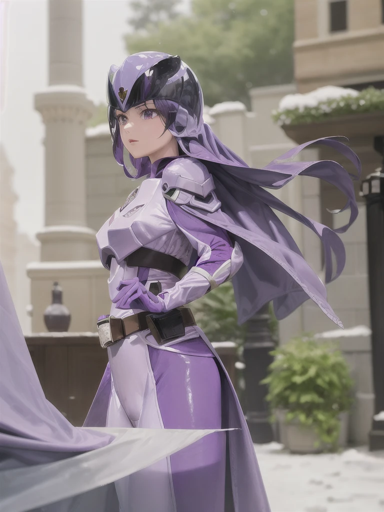 (Very fine fine touch:1.2), (Ray Tracing:1.2), masterpiece, Highest quality, High quality and perfect face, Solo 1 Girl Papillion Auger, Helmet, Cape, armor, belt, Bodysuits, purple Cape, purple Bodysuits, gloves, Purple footwear, buckle, Hands on hips, snow,