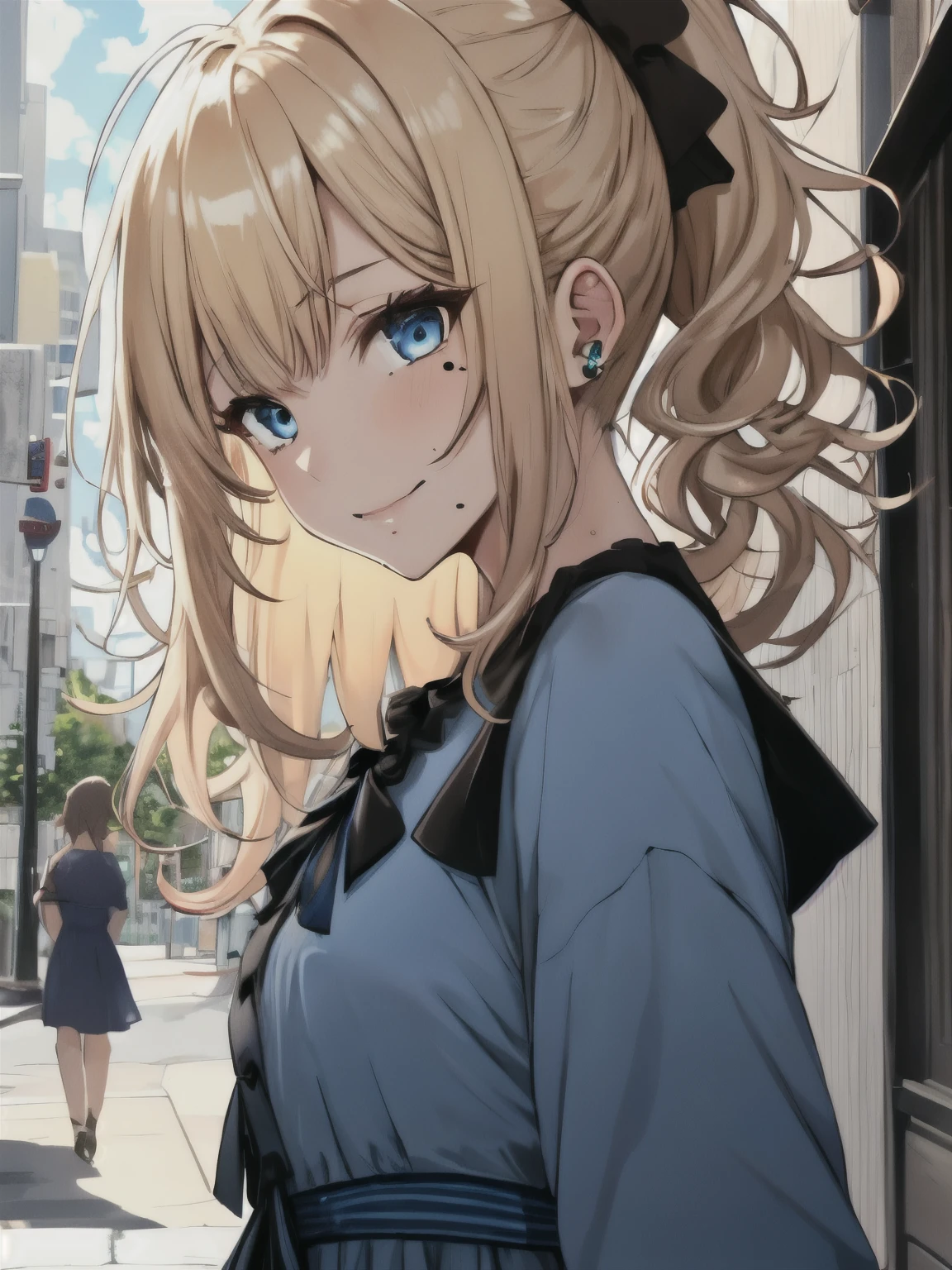 1girl, skin pores, mole, mole under mouth, dimples, blonde, ponytail, messy hair, outdoors, street, detailed blue eyes, blue dress, long sleeves, shy