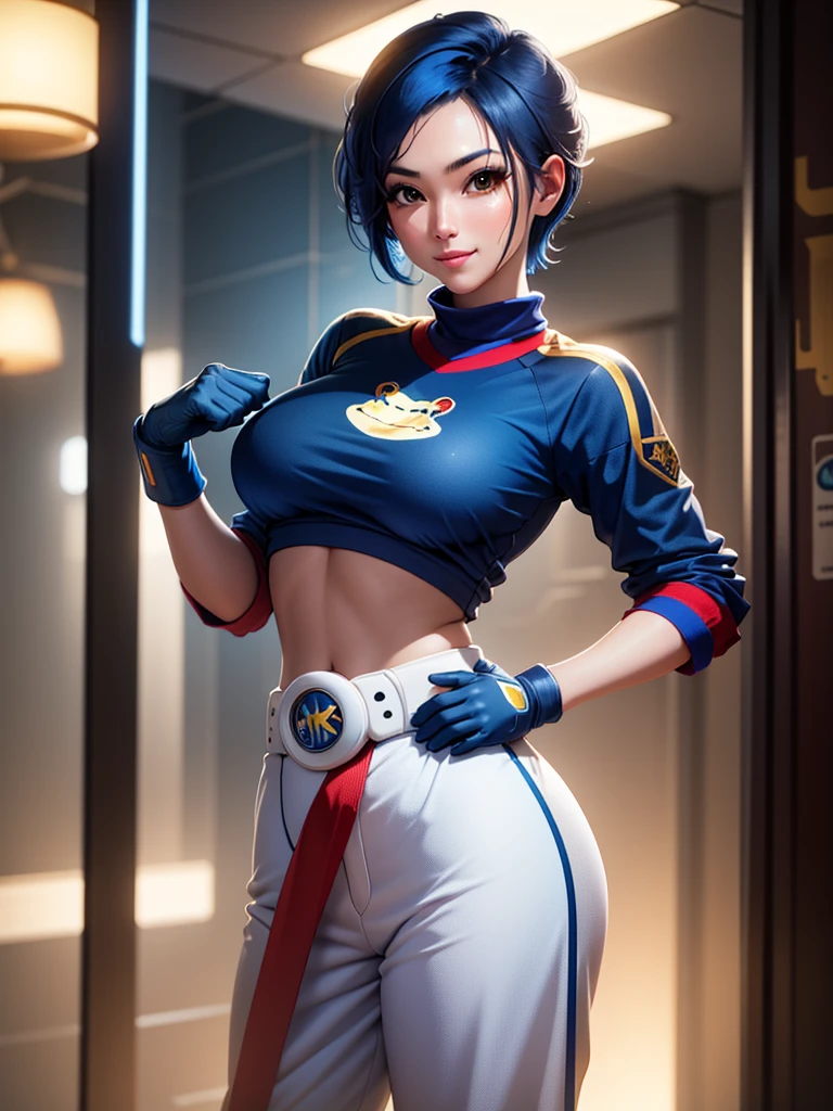 (at night), in a video game scene, a background of a beautiful city during the day, raining, standing at attention, semi-short blue hair, blue shirt on the chest, has the face of a smiling frog type logo, has a long scarf red, big belt around the waist, blue fingerless gloves, white exercise pants ((blue hair)), 1 girl, alone, 20 years old, young woman, perfect hands, beautiful fingers, beautiful long legs, beautiful body, beautiful nose, beautiful character design, perfect face, looking at the viewer with serious gesture (focusing on his face), closed mouth, Light_Smile, official art, extremely detailed CG unity 8k wallpaper, perfect lighting, bright and colorful front lighting, shiny skin (masterpiece: 1.0), (best_quality: 1.0), ultra-high resolution, 4K, ultra-detailed photography, 8K, HDR, high resolution, nonsense:1.2, Kodak portra 400, film grain, blurred background, bokeh:1.2 , lens flare, (vibrant_color:1.2), professional photography, (Beautiful, breasts: 1.4), (beautiful_face: 1.5), (narrow waist),
