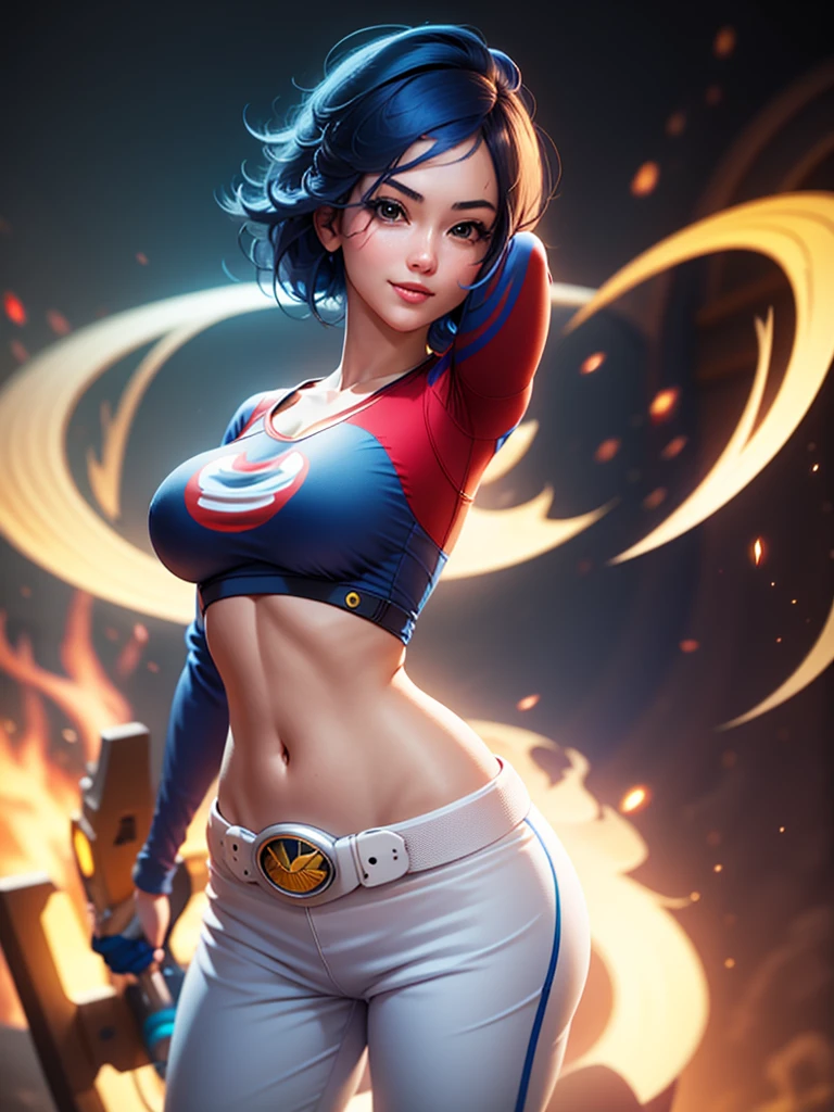 (at night), in a video game scene, a background of a beautiful city during the day, raining, standing at attention, semi-short blue hair, blue shirt on the chest, has the face of a smiling frog type logo, has a long scarf red, big belt around the waist, blue fingerless gloves, white exercise pants ((blue hair)), 1 girl, alone, 20 years old, young woman, perfect hands, beautiful fingers, beautiful long legs, beautiful body, beautiful nose, beautiful character design, perfect face, looking at the viewer with serious gesture (focusing on his face), closed mouth, Light_Smile, official art, extremely detailed CG unity 8k wallpaper, perfect lighting, bright and colorful front lighting, shiny skin (masterpiece: 1.0), (best_quality: 1.0), ultra-high resolution, 4K, ultra-detailed photography, 8K, HDR, high resolution, nonsense:1.2, Kodak portra 400, film grain, blurred background, bokeh:1.2 , lens flare, (vibrant_color:1.2), professional photography, (Beautiful, breasts: 1.4), (beautiful_face: 1.5), (narrow waist),
