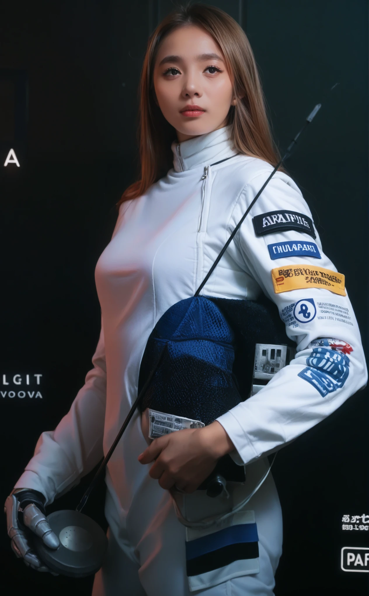 Arafed woman in a white jacket holding a fencer's helmet., Fencing, holding a sword, Jennie kim better known as Jennie from blackpink