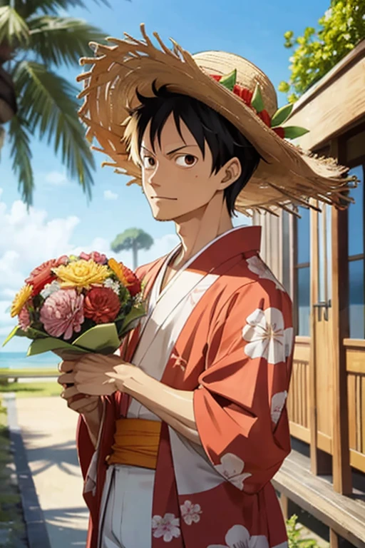 Monkey D Luffy holding a bouquet of flowers dressed in a kimono and wearing his straw hat