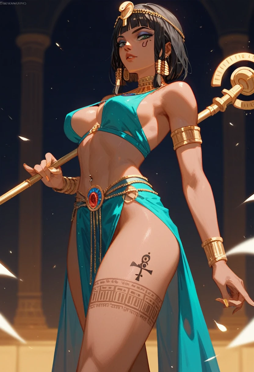 (Fraction_9,Fraction_8_Direction_7_up), （（A woman））（Close shot），Cleopatra，Pharah，egyptian runes，Scepter，dark magic，Tattoo on leg，