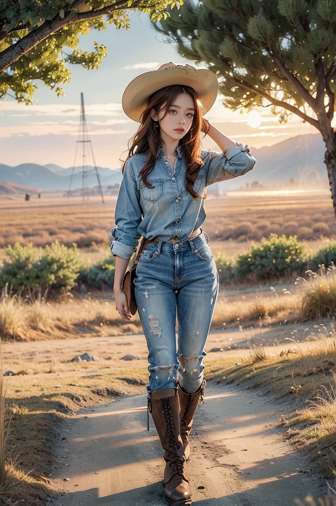 (((best quality))),(((ultra detailed))),(((masterpiece))),illustration,1girl,cowgirl,redhead,sun-kissed skin,leather cowboy hat,dark blue button-down shirt,embroidery,well-fitted jeans,brown leather boots,delicate silver locket,plains,wildflowers,swaying grass,lazy river,sunset,golden glow,silhouette,wind,,pioneer,indomitable spirit,Wild West