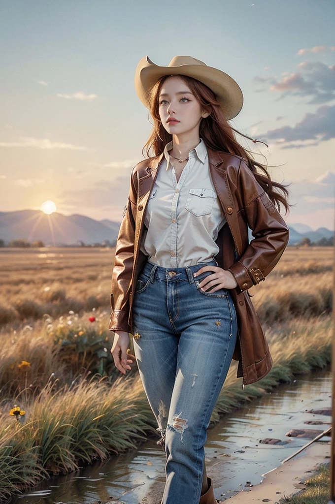 (((best quality))),(((ultra detailed))),(((masterpiece))),illustration,1girl,cowgirl,redhead,sun-kissed skin,leather cowboy hat,dark blue button-down shirt,embroidery,well-fitted jeans,brown leather boots,delicate silver locket,plains,wildflowers,swaying grass,lazy river,sunset,golden glow,silhouette,wind,,pioneer,indomitable spirit,Wild West