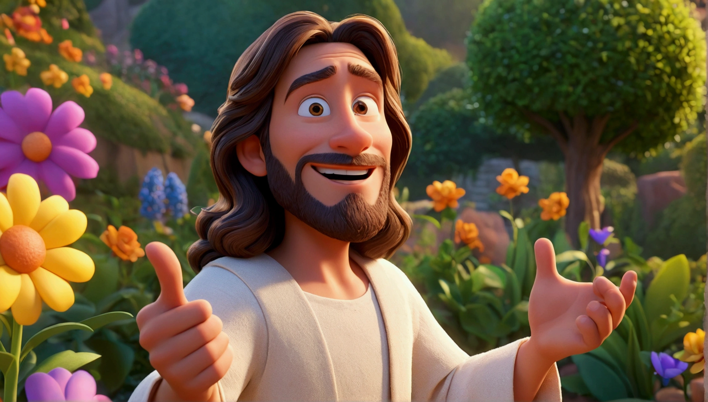 a Disney cartoon from biblical times "Generate a realistic representation of Jesus in a garden with many people dressed in white, with colorful flowers around and soft light illuminating your face." High definition image, high detail and photorealism style. Image with at least 300 dpi, UHD 8k in heaven, a very beautiful place in the sky, animated film, 3d animated movie, still excited, animated film, inspired in Johannes Helgeson, Jesus wasted on a , animated film, animated film still, renderizado em corona, epic lighting, 3d animated, 3D animated, he is greeting you warmly. Stylized character, animation style rendering, 3d stylized, Arnold Maya rendering, Stylized 3D rendering, toon render screenshot, 3d character, 3d character, Stylized 3D rendering, 3D character rendering, cartoon character, Personagem de close up, character posing,  (Pixar-style) (master part:1.2) (bokeh) (best qualityer) (skin detailed) (detailed texture) (8k) (Argilla) (cinematic lighting) (sharp focus