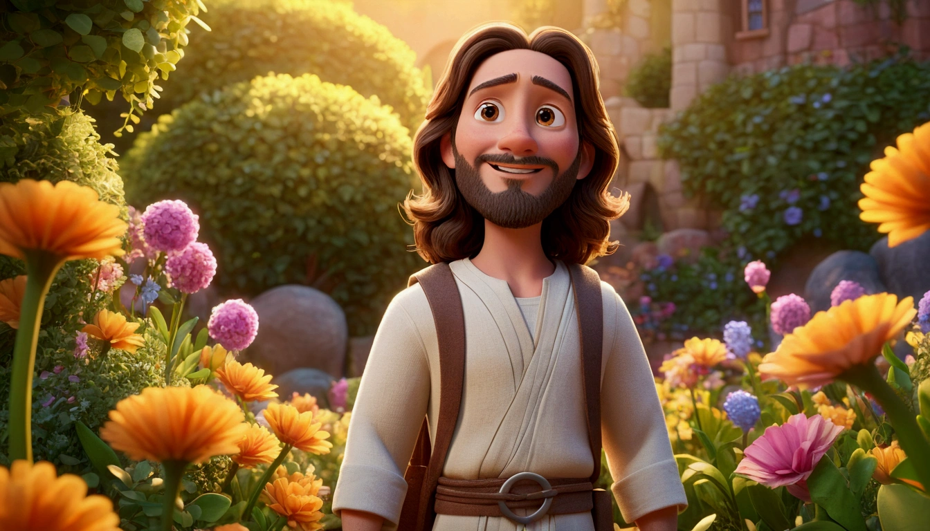 a Disney cartoon from biblical times "Generate a realistic representation of Jesus in a garden with many people dressed in white, with colorful flowers around and soft light illuminating your face." High definition image, high detail and photorealism style. Image with at least 300 dpi, UHD 8k in heaven, a very beautiful place in the sky, animated film, 3d animated movie, still excited, animated film, inspired in Johannes Helgeson, Jesus wasted on a , animated film, animated film still, renderizado em corona, epic lighting, 3d animated, 3D animated, he is greeting you warmly. Stylized character, animation style rendering, 3d stylized, Arnold Maya rendering, Stylized 3D rendering, toon render screenshot, 3d character, 3d character, Stylized 3D rendering, 3D character rendering, cartoon character, Personagem de close up, character posing, (Pixar-style) (master part:1.2) (bokeh) (best qualityer) (skin detailed) (detailed texture) (8k) (Argilla) (cinematic lighting) (sharp focus