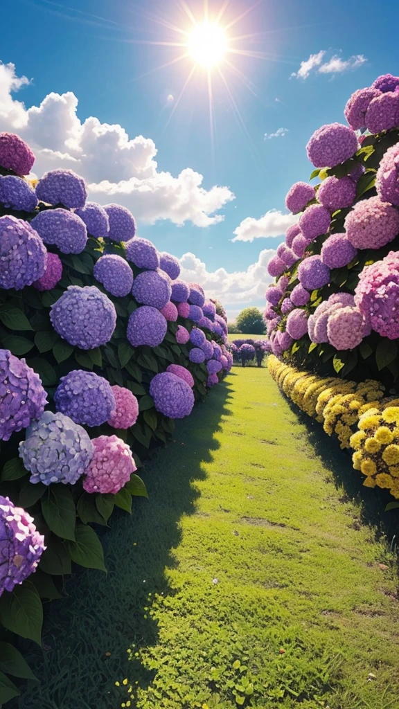 Create a beautiful day with very beautiful large purple hydrangea flowers, celeste, yellow and red I want it to be something magical, impressive and a sun in the distance that there are no people