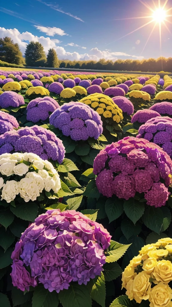 Create a beautiful day with very beautiful large purple hydrangea flowers, celeste, yellow and red I want it to be something magical, impressive and a sun in the distance that there are no people