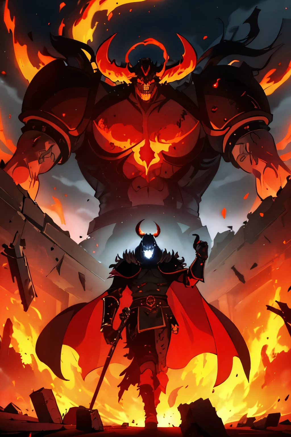 Imagine a powerful and menacing piece of Warhammer 40,000 art featuring a Champion of Chaos perfectly encapsulating the ferocity and dark allure of the Chaos Marines. This imposing figure embodies the unrelenting brutality and dark power devoted to the Chaos Gods, standing amidst the ruins and flames of a devastated battlefield.
The central figure is a Chaos Space Marine, clad in heavy, ornate power armor that is both baroque and brutal in design. The armor is adorned with numerous spikes, chains, and trophies—skulls of fallen enemies and emblems of defeated foes, presenting an image of relentless savagery. The helmet is shaped like a beast’s skull, crowned with an iron crown depicting the Champion's dominion and prowess.
In one hand, the Champion wields an immense, wickedly barbed trident, its barbs dripping with the essence of corrupted energies. The other hand holds a long, blood-stained sword, symbolic of countless battles fought and lives claimed.
The armor is covered with chaotic symbols and runes that pulse with malevolent energy. The chest plate prominently displays the Mark of Chaos undivided, underscoring the Champion’s allegiance to the dark pantheon.
A tattered cloak billows behind the Champion, bearing scorch marks and claw tears, further accentuating the brutal environment he thrives in. The cloak is dark, almost blending into the smoky background, trailing amidst the flames.
The background is a nightmarish landscape of destruction. Crumbling spires and towers loomed in the hazy distance, silhouetted against a backdrop of fire and smoke. The ground is littered with bones and skulls, testifying to the countless sacrifices made in the name of Chaos.
The scene is lit by the eerie glow of infernal flames, casting a hellish light that flickers across the Champion's armor and the wreckage around him. The sky is dark with the smoke of war, pierced occasionally by unnatural lit.
Use a palette dominated by deep reds, dark browns, and dirty blacks, evoking the v
