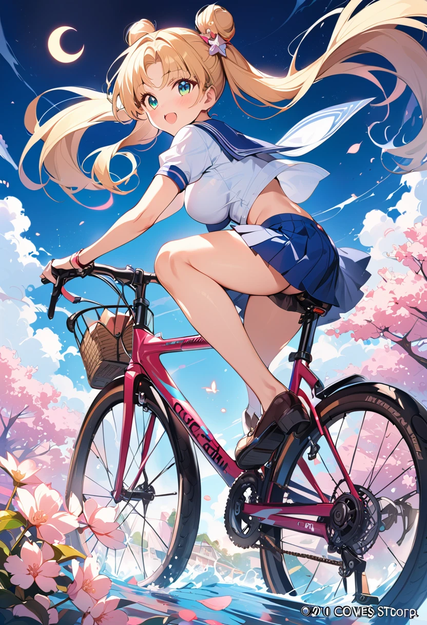 
blonde hair, long hair, one side up, aqua eyes., Big Breasts, , solo ,nipple, , ride a bicycle, Expressway