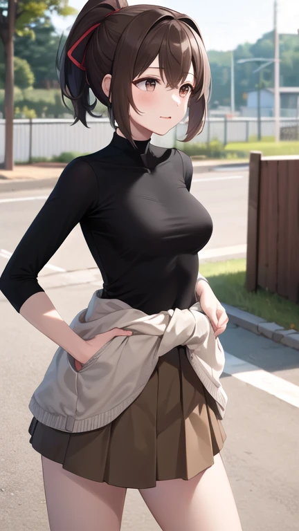 masterpiece, best quality, highres, hyuugaise, short hair, ponytail, hair ribbon, black shirt, skin tight, brown skirt, clothes around waist, outdoors, standing, cowboy shot,