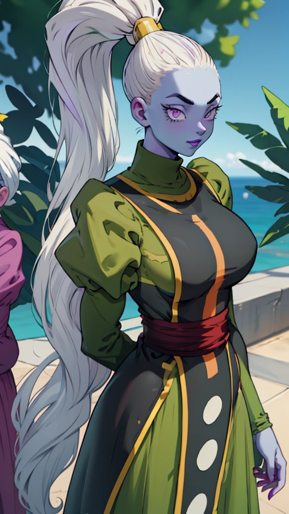 Dress_DragonBallSuper_Vados_ownwaifu, ultra detailed, ((photo realistic)), masterpeace, ((cutesexyrobutts style)) , 
1girl, blue skin, white hair, hair pulled back, high ponytail, purple eyes, colored skin, alien, long hair, very long hair, lipstick, makeup, purple lips, breasts, large breasts, cleavage, down blouse, eyelashes,  jewelry, purple nails,
puffy sleeves, long sleeves, dress, juliet sleeves, sash, green skirt,  puffy long sleeves, turtleneck,
((masterpiece)),((best quality)),(highres, absurdres), depth_of_field, scenery, spotlight, looking at viewer, solo, cowboy shot, sharp, clean black lines