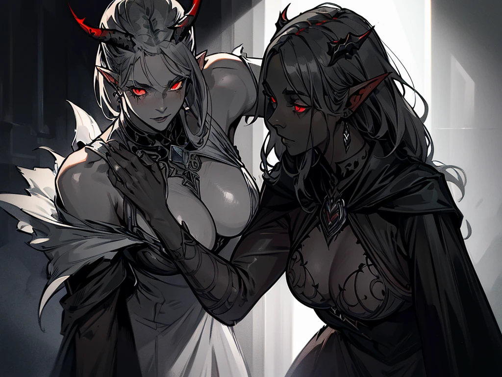 1girl, horror, dark elf princess, elden ring, (dark grey skin:1.5), true white long ponytail, ((perfect red eyes)), elf ears, earrings, detailed blood, highly detailed mechanical horns, (small breasts), ((black gothic prom dress)), wearing black fur cloak, bone armor, skull armor, volumetric lighting, ethereal fog, dark background, ultrasharp, best quality, masterpiece, realistic, anatomically correct, (strong cinematic lighting), ((rim lighting)), stunning details, intricate details, 8k post-production, high resolution, super details, sharp focus, depth of field f/1.8, studio photos, (((looking at camera)))