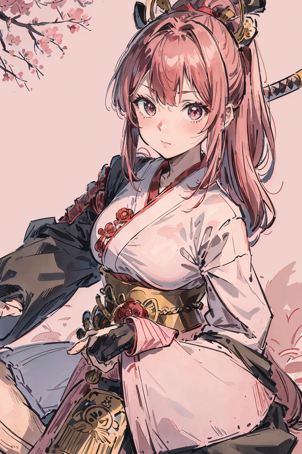 Samuraigirls, a pink haired , wearing a red samurai armor, long hair, fasion hair, samurai armor, slim body, shirt ornament, hakama, tall 187cm, 21yearold, samurai, katana, female, beautiful