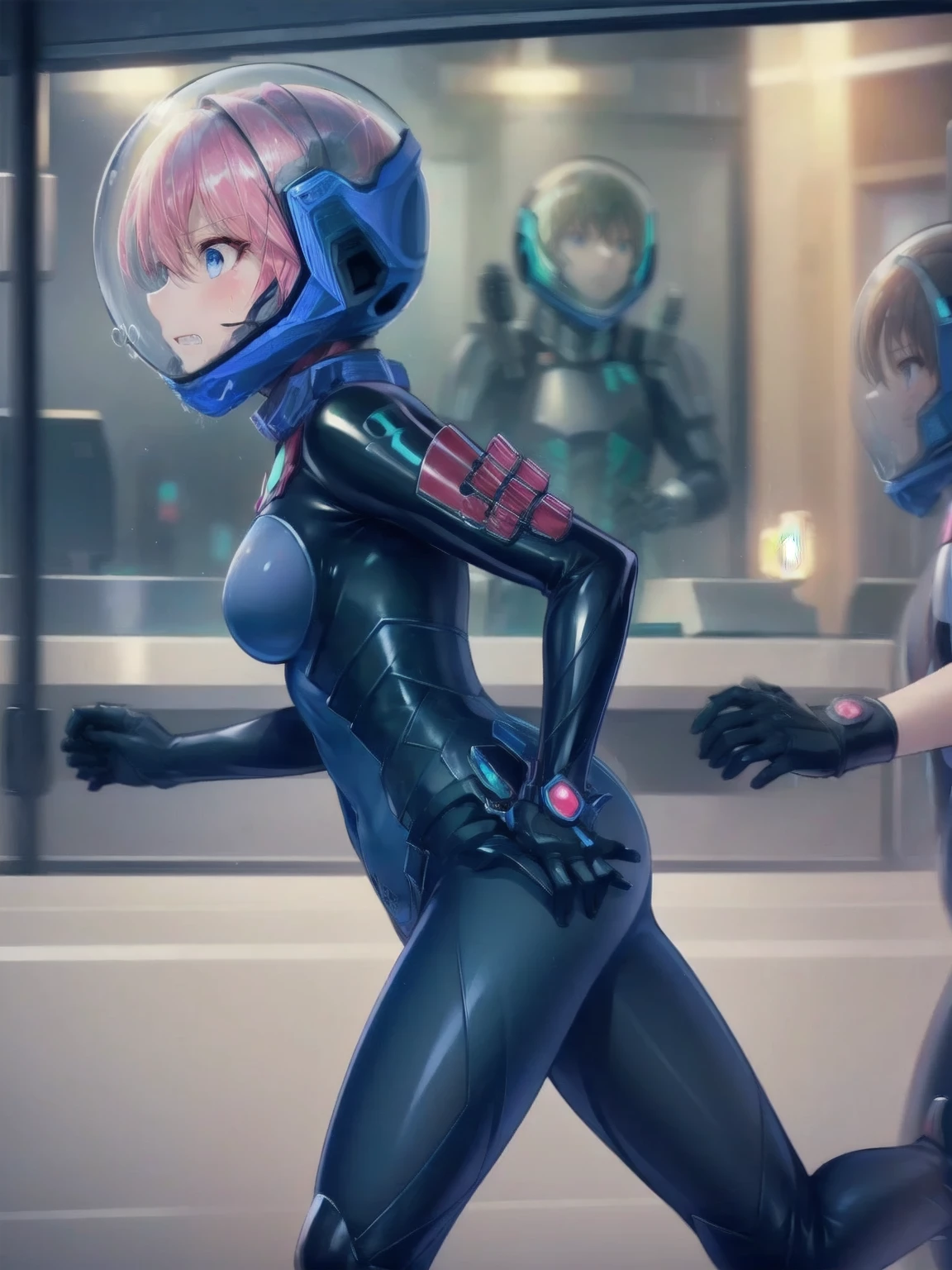 short hair, pink hair, street, emo,pink eyes, eyeliner, fortified suit, ((blue:1.5) plugsuit), short hair, (running fast:1.6),sweaty,clenched teeth,marathon event,looking ar forward,1),,asuka langley soryu, (souryuu asuka langley:1.2), short hair, bangs, blue eyes, brown hair, bodysuit, pilot suit, plugsuit, (red bodysuit:1.5, bubble helmet space helmet, from side