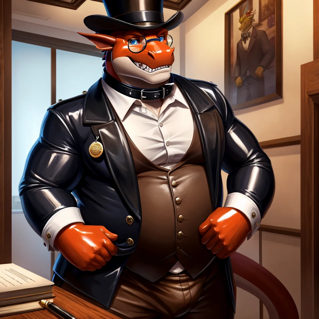 Male, fat, extremely obese, gentleman, dapper Professor Dragon, blue eyes, (posing:1.3), (soft shading), 4k, hi res, ((detailed face, detailed)), looking at viewer, mouth wide open, steampunk, dapper clothing, collared shirt with buttons, top hat, male focus, Explorer Outfit, glasses, monocle, vest with buttons, sleeves rolled up, round eyewear, brown headwear, brown vest, office, Dragon is wearing a glossy leather dog collar around the neck, Dragon is wearing the leather collar and shirt and vest at the same time, Dragon is wearing glossy white rubber gloves on the hands, wearing white rubber gloves on the feet, gloves are rubber in texture, clenching teeth, clenching fists, leather collar is glossy and shiny with a lot of detail, Dragon is wearing gloves and leather collar at the same time, leather collar has a round dog-tag, leather collar is thick and detailed, leather collar is glossy and shiny, fancy clothing, dapper vest, dapper shirt, leather collar is thick, glossy leather collar, a second male Dragon in the same attire helping the fat Dragon get dressed.