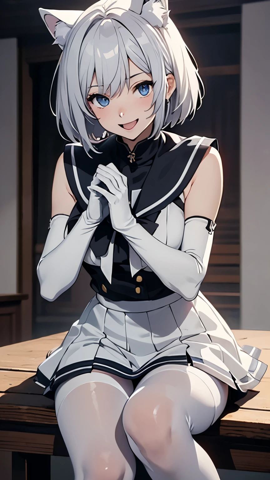 Tabletop High resolution Best image quality 8k Adult female Anime Style White long gloves(Elbow Gloves) White Sailor Suit(Sleeveless) mini skirt White Pantyhose White wolf ears short hair((Shortcuts)(Gray Hair)(Perm)(fluffy)) blue eyes Attractive face((Laughter)(smile)(Open your mouth)) Are standing Place your hands on your knees