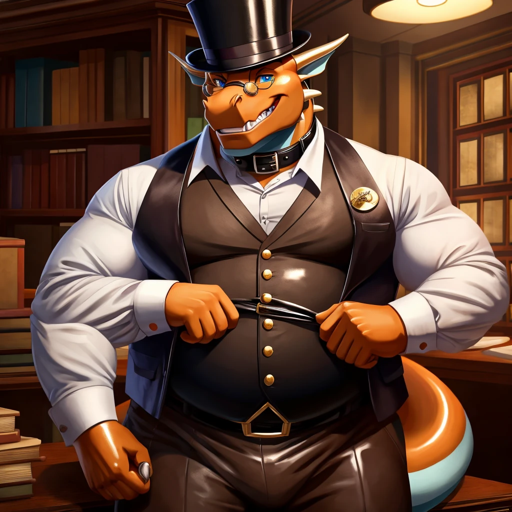 Male, fat, extremely obese, gentleman, dapper Professor Dragon, blue eyes, (posing:1.3), (soft shading), 4k, hi res, ((detailed face, detailed)), looking at viewer, mouth wide open, steampunk, dapper clothing, collared shirt with buttons, top hat, male focus, Explorer Outfit, glasses, monocle, vest with buttons, sleeves rolled up, round eyewear, brown headwear, brown vest, office, Dragon is wearing a glossy leather dog collar around the neck, Dragon is wearing the leather collar and shirt and vest at the same time, Dragon is wearing glossy white rubber gloves on the hands, wearing white rubber gloves on the feet, gloves are rubber in texture, clenching teeth, clenching fists, leather collar is glossy and shiny with a lot of detail, Dragon is wearing gloves and leather collar at the same time, leather collar has a round dog-tag, leather collar is thick and detailed, leather collar is glossy and shiny, fancy clothing, dapper vest, dapper shirt, leather collar is thick, glossy leather collar, a second male Dragon in the same attire helping the fat Dragon get dressed.