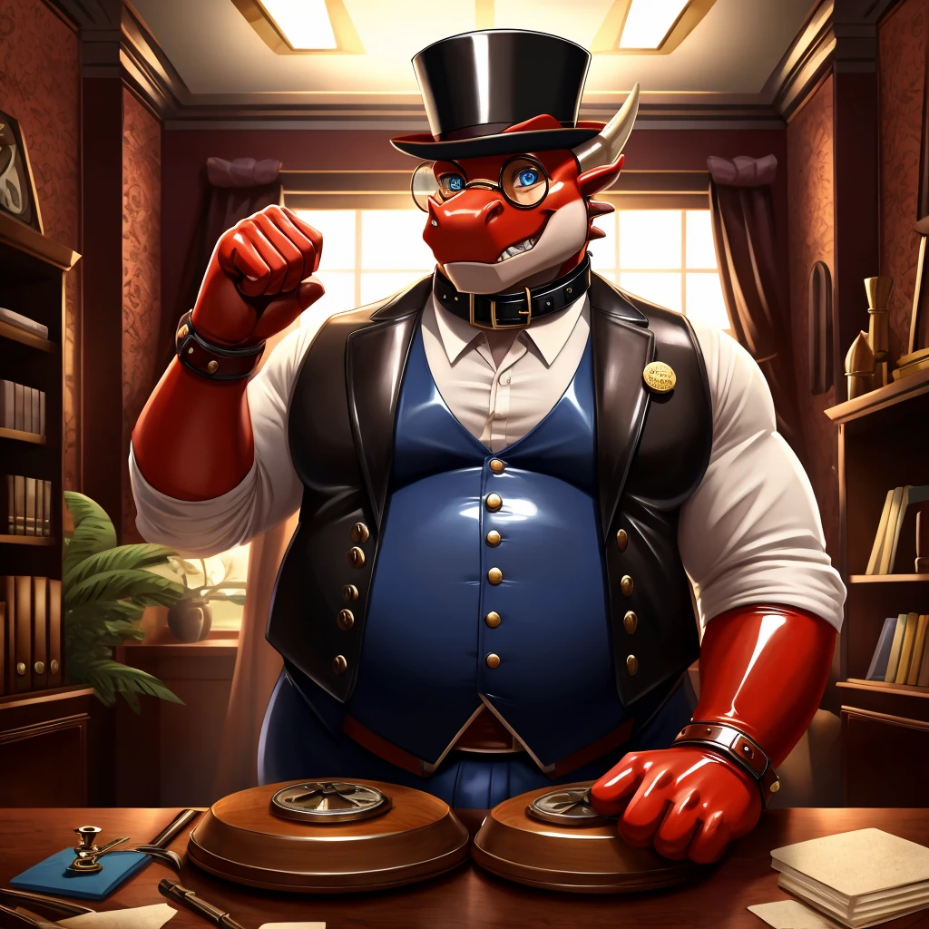 Male, fat, extremely obese, gentleman, dapper Professor Dragon, blue eyes, (posing:1.3), (soft shading), 4k, hi res, ((detailed face, detailed)), looking at viewer, mouth wide open, steampunk, dapper clothing, collared shirt with buttons, top hat, male focus, Explorer Outfit, glasses, monocle, vest with buttons, sleeves rolled up, round eyewear, brown headwear, brown vest, office, Dragon is wearing a glossy leather dog collar around the neck, Dragon is wearing the leather collar and shirt and vest at the same time, Dragon is wearing glossy white rubber gloves on the hands, wearing white rubber gloves on the feet, gloves are rubber in texture, clenching teeth, clenching fists, leather collar is glossy and shiny with a lot of detail, Dragon is wearing gloves and leather collar at the same time, leather collar has a round dog-tag, leather collar is thick and detailed, leather collar is glossy and shiny, fancy clothing, dapper vest, dapper shirt, leather collar is thick, glossy leather collar, a second male Dragon in the same attire helping the fat Dragon get dressed.