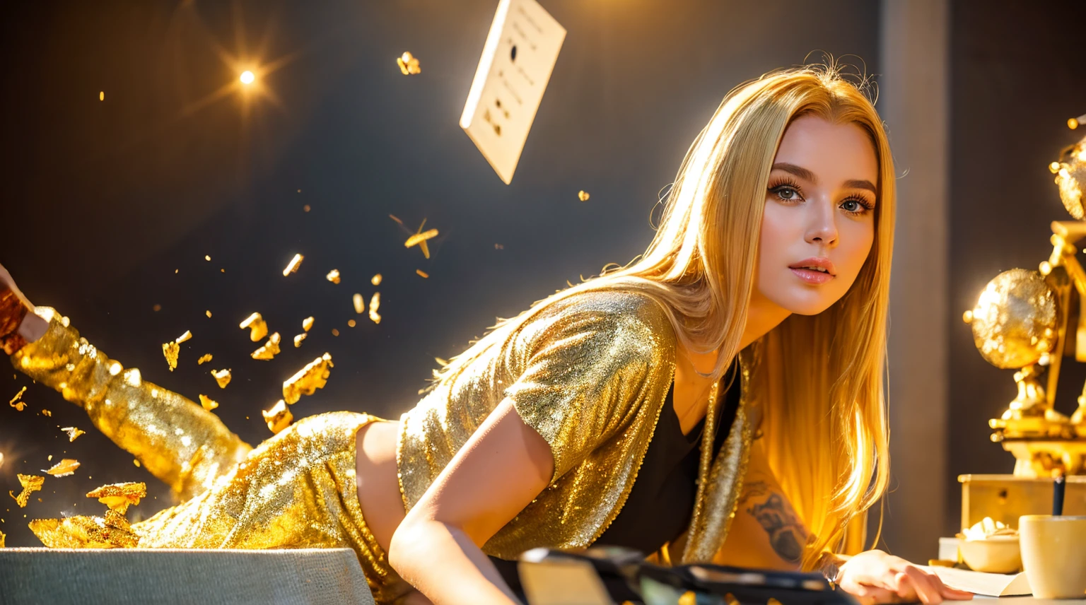 a beautiful young woman with golden hair,full figure,fragments and art,stunning,money and gold
