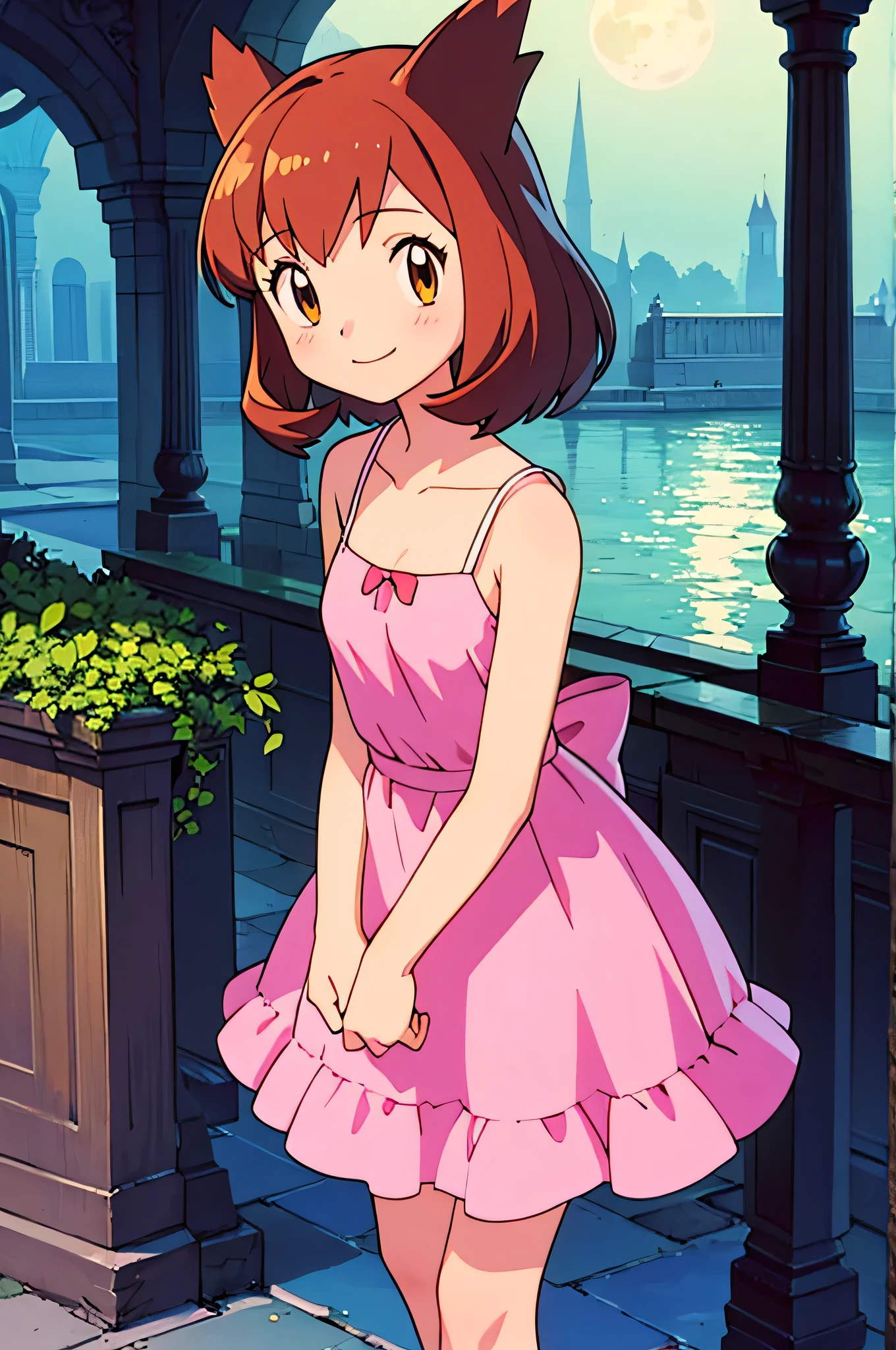 masterpiece, best quality, ultra-detailed, illustration, beautiful detailed eyes, very detailed illustration, cinematic lighting, 1 girl, solo, Pokemon Heroes (Bianca), Brown Hair, brown eyes, 1 girl, solo, sleeveless, collarbone, Pink Camisole dress, pink dress, intricate details, sharp focus, high resolution, the background of beautiful garden with columns, on a beautiful night, full moon, smile, standing near a water pool on the bottom, arms at sides, anime style, ultra-detailed, hdr, far at the bottom, in the center, Close up, cowboy shot