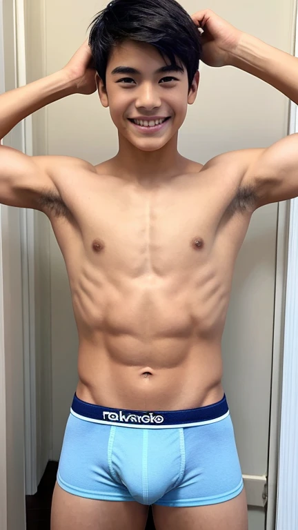Japanese men、、Muscles and smooth skin、Very short black hair、A relaxed and friendly smile、Showing off his sky blue boxer briefs、The whole body is well visible、Pumping one's fist in a tiny bathroom、Laughing with mouth open、